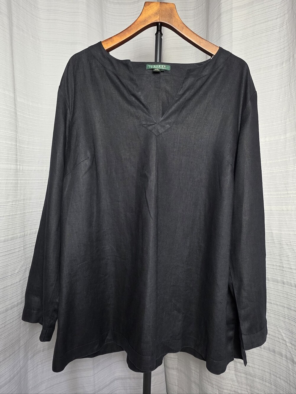 Lauren Ralph Lauren Black Tunic Top 2XL 100% Linen 3/4 Sleeve Elevated Basics